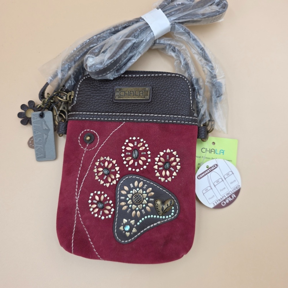 Chala Paw Print Bag Cell Phone Crossbody Wallet Purse Dog Animal Heart Burgundy